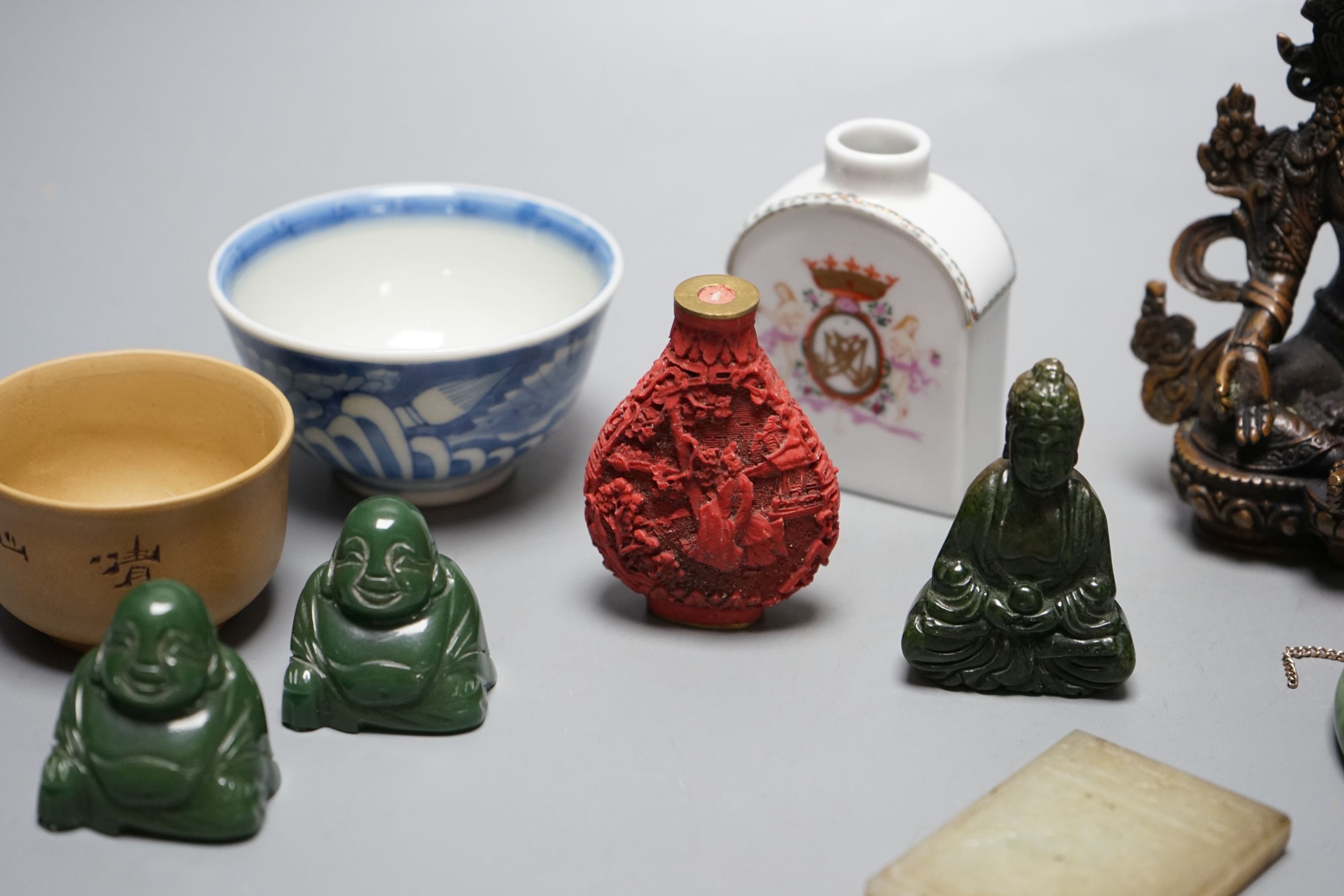 Assorted Chinese items including bronze Tibetan buddha, jades etc, Buddha 13 cms wide.